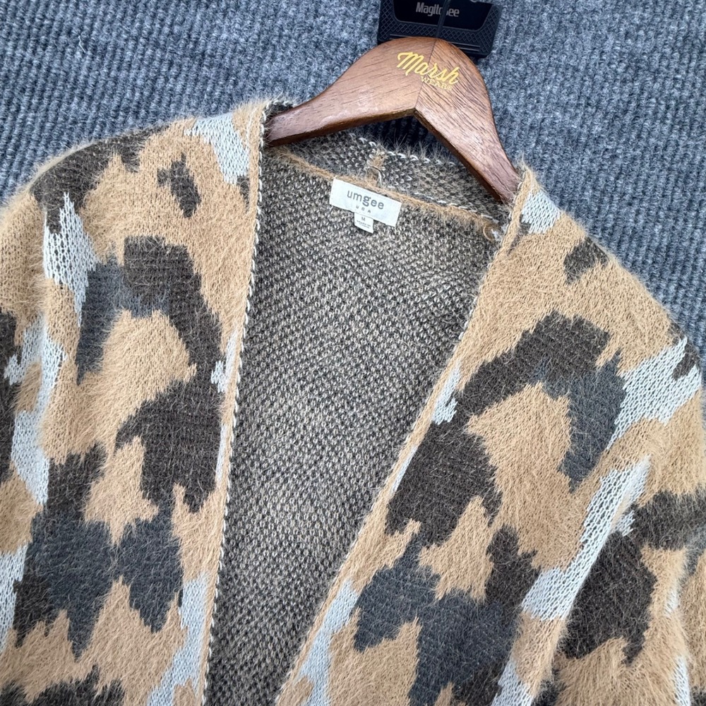 Umgee Cardigan Womens M Brown Excellent Leopard Fuzzy Eyelash Open Pockets